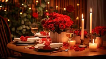 romantisk middag med en röd reste sig bukett generativ ai foto