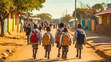 afrikansk skola barn först väghyvlar gå till skola generativ ai foto