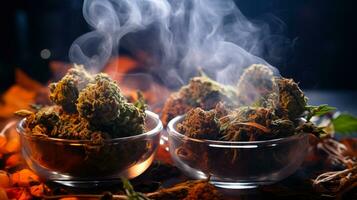 doftande terpen rök av ljuv cannabis knoppar generativ ai foto
