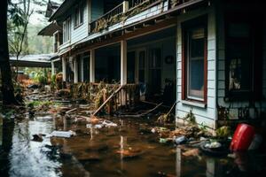 övergiven och översvämmad hus efter de tsunami översvämning generativ ai foto