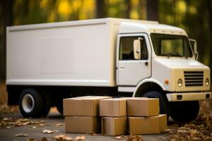 lastbil och lådor, logistik baner attrapp generativ ai foto