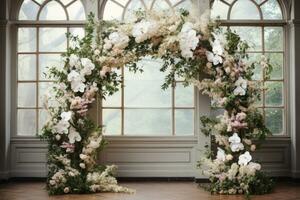 vit blomma bröllop båge generativ ai foto