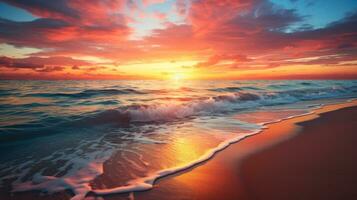 skön hav kväll solnedgång saftig orange Sol och surfa vågor generativ ai foto