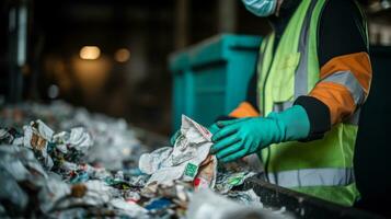 närbild av en arbetarens händer i sudd handskar sortering avfall på de fabrik generativ ai foto