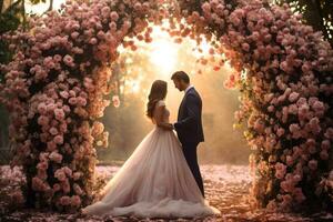 bröllop par i kärlek i blomma båge generativ ai foto
