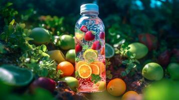 en transparent plast flaska fylld med uppfriskande och färgrik frukt, ai genererad foto