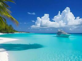 tropisk strand i maldiverna med handflatan träd och båt 3d framställa ai generativ foto