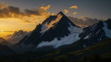skön solnedgång i de berg. panorama av de bergen ai generativ foto