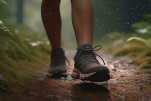 kvinna spår löpare gående på skog spår med stänga - upp av skor, ai genererad foto