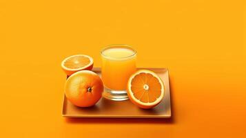 kreativ layout tillverkad från färsk orange frukt och en glas av orange juice på en pastell orange bakgrund. generativ ai foto