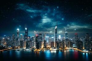 lysande stadsbild natt modern stad med hög byggnader generativ ai foto