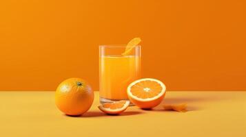 kreativ layout tillverkad från färsk orange frukt och en glas av orange juice på en pastell orange bakgrund. generativ ai foto