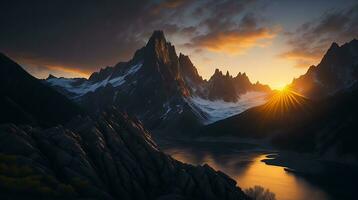 skön solnedgång i de berg. panorama av de kaukasus berg. ai generativ foto
