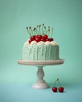 krämig mynta grön frukt efterrätt på en kaka stå, dekorerad med saftig körsbär, nostalgisk firande begrepp, födelsedag fest. foto
