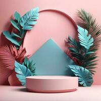 geometrisk podium attrapp blad tropisk naturlig begrepp för monter rosa blå bakgrund abstrakt minimal scen produkt presentation ai genererad foto