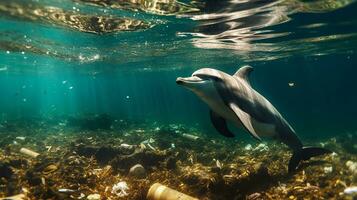 en delfin instängd i en plast väska i de hav. miljö- skydd. generativ ai foto