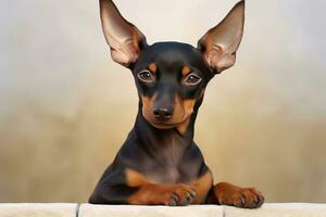 porträtt av en dansk. porträtt av söt miniatyr- pinscher hund. ai generativ foto