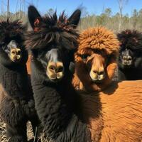 grupp av alpacas i de landsbygden, alpacka odla. ai generativ foto