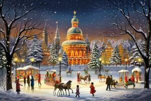jul och ny år högtider i Moskva, Ryssland. moskva är de huvudstad och största stad av Ryssland. glad jul scen fylld med snö täckt träd och en höga träd av lampor, ai genererad foto