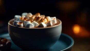 gourmet choklad efterrätt på tabell, stänga upp marshmallow kaffe värme genererad förbi ai foto