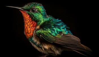 en vibrerande, mång färgad kolibri perching på en grön gren genererad förbi ai foto