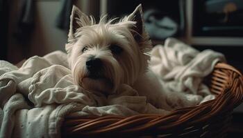 söt terrier valp Sammanträde på säng, ser på kamera genererad förbi ai foto