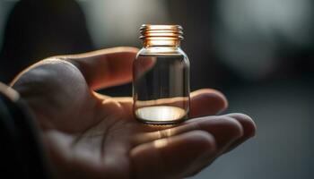 en läkare hand innehav en medicin flaska, fokusera på förgrund genererad förbi ai foto