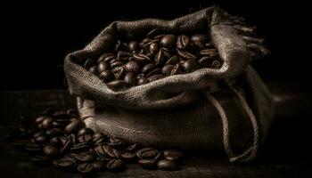 en mörk säckväv säck innehar de aromatisk kaffe bönor tätt genererad förbi ai foto