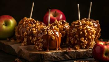 friskhet av höst hemlagad äpple efterrätt, caramelized med mörk choklad genererad förbi ai foto