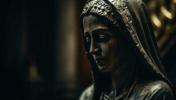 en ung kvinna bön, henne ansikte en symbol av andlighet genererad förbi ai foto