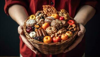 en hemlagad choklad kaka hölls förbi en barn, en ljuv flathet genererad förbi ai foto