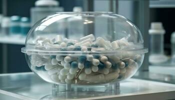 stänga upp av en blå piller i en laboratorium behållare genererad förbi ai foto