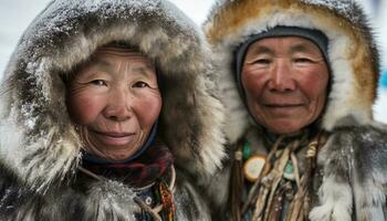 två leende kvinnor i värma Kläder njuter vinter- utomhus genererad förbi ai foto