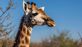 giraff i de vild, ser söt, omgiven förbi grön gräs genererad förbi ai foto