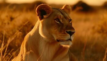 majestätisk inna gående i de savann, gazing på de soluppgång genererad förbi ai foto