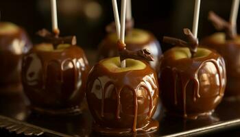eftergiven gourmet efterrätt mörk choklad doppade äpple med kola dugga genererad förbi ai foto