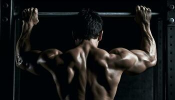 muskulös idrottare böjning biceps, visa upp styrka och bestämning i Gym genererad förbi ai foto