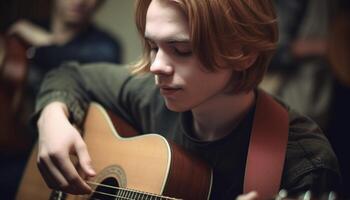 en ung vuxen musiker inlärning gitarr, Sammanträde och spelar inomhus genererad förbi ai foto