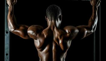 muskulös idrottare visa upp styrka, bar överkropp, böjning biceps, torso, utövar genererad förbi ai foto