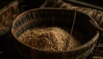 friska äter stänga upp av organisk ris, en mat häfta i kulturer genererad förbi ai foto