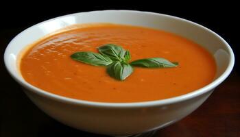 färsk tomat soppa, en friska vegetarian måltid med vibrerande orange Färg genererad förbi ai foto