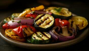 grillad vegetabiliska tallrik, friska och färsk, perfekt sommar utegrill måltid genererad förbi ai foto