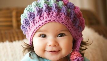 söt bebis leende, glad porträtt av en barn i vinter- genererad förbi ai foto
