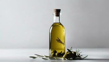 färsk grön oliv olja i en transparent glas flaska, natur krydda genererad förbi ai foto