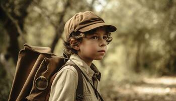 en ung pojke utforska de skog, leende och ser bort genererad förbi ai foto