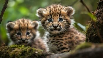 söt ung tiger Valp spelar i de gräs, ser på kamera genererad förbi ai foto