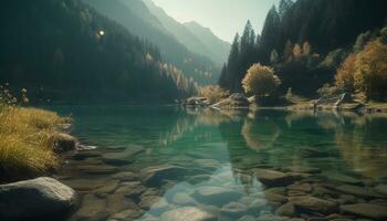 lugn scen natur skönhet reflekterad i de fredlig berg damm genererad förbi ai foto