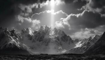 majestätisk berg topp, snötäckt och lugn, under lynnig mulen himmel genererad förbi ai foto