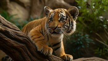 majestätisk bengal tiger stirrar, varna, i vild, omgiven förbi natur genererad förbi ai foto