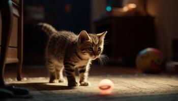 söt kattunge spelar med en leksak boll på de golv genererad förbi ai foto